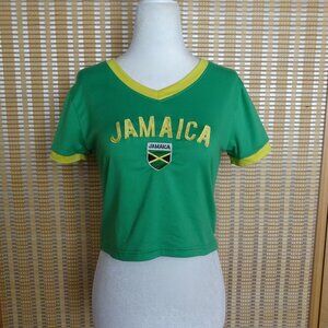Green and yellow v-neck Jamaica stretchy crop top size large